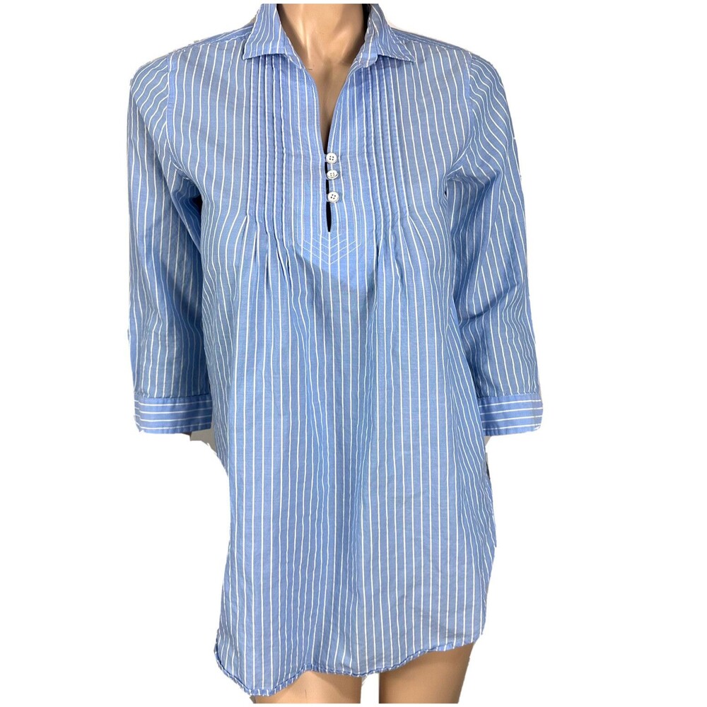 Vineyard Vines Tunic Top Linen Blend Split V Neck Shirt Blouse Blue stripes XS